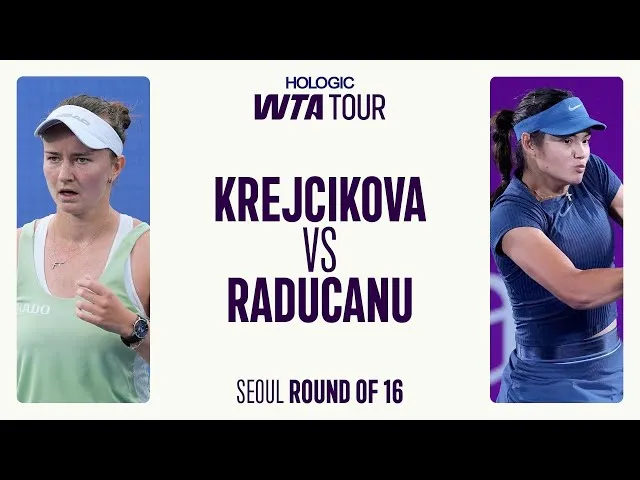 Regardez les temps forts de l'incroyable victoire de Krejcikova sur Raducanu, en sauvant 3 balles de match au deuxième tour à Séoul.