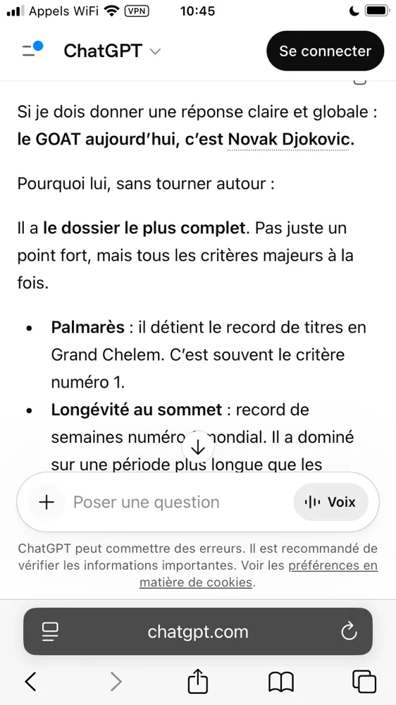 j'ai demandé à ChatGPT qui était le goat du tennis et pourquoi. Voici ce qu'il m'a répondu .
