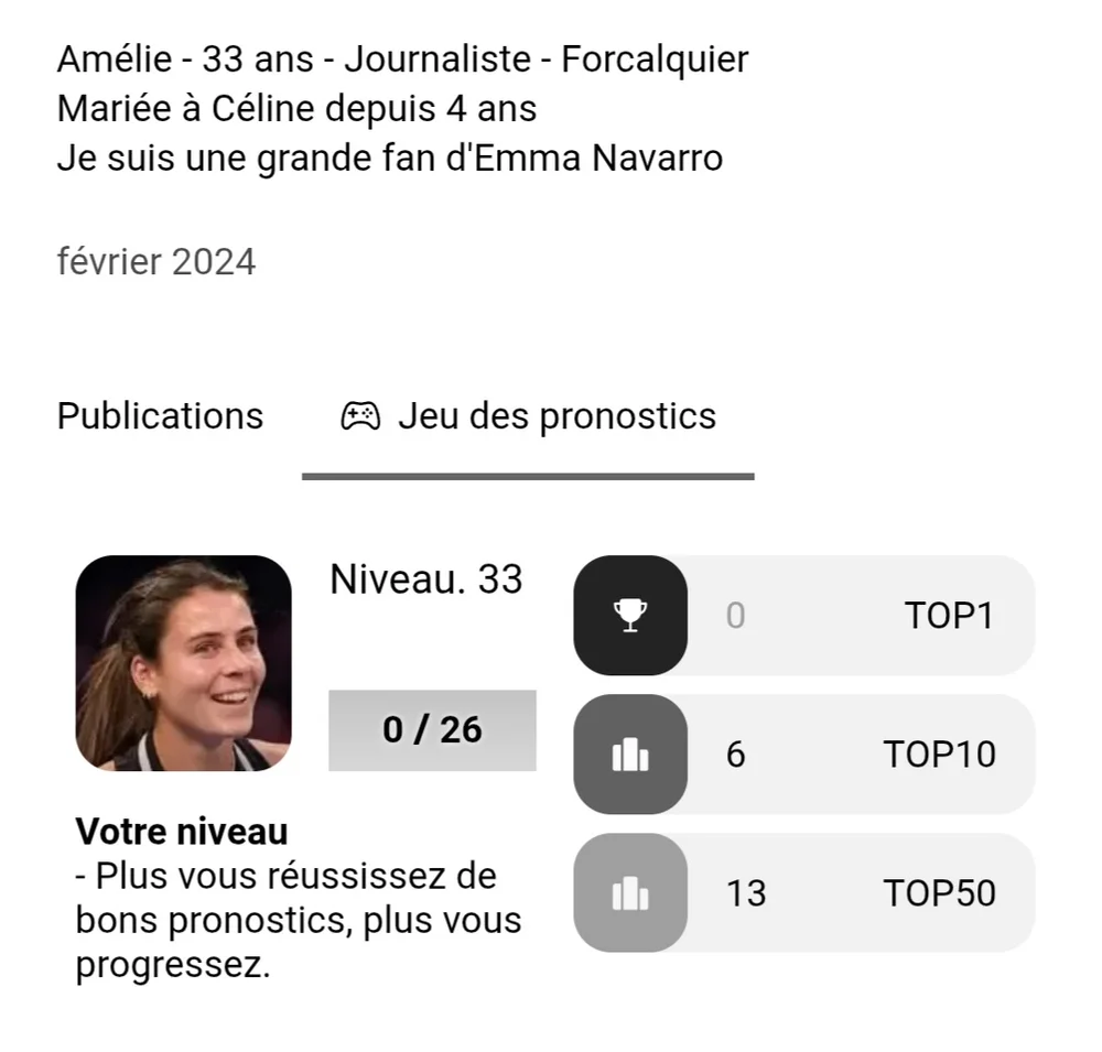 Ça fait 6 mois que je joue aux pronostics grâce à mon ami Tonnerre qui m'a convaincue d'y participer moi qui ne joue JAMAIS en vrai